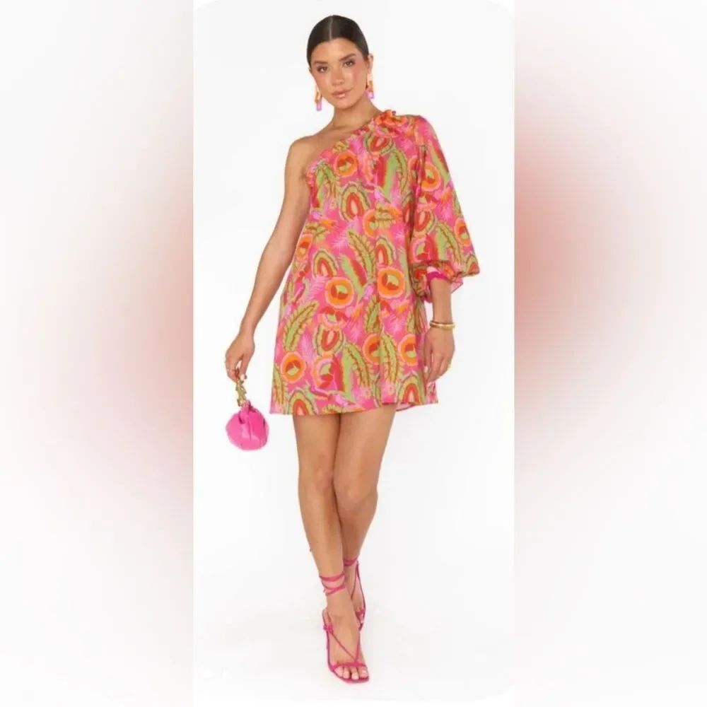 Show Me Your MuMu Pink and Green One-Shoulder Dress